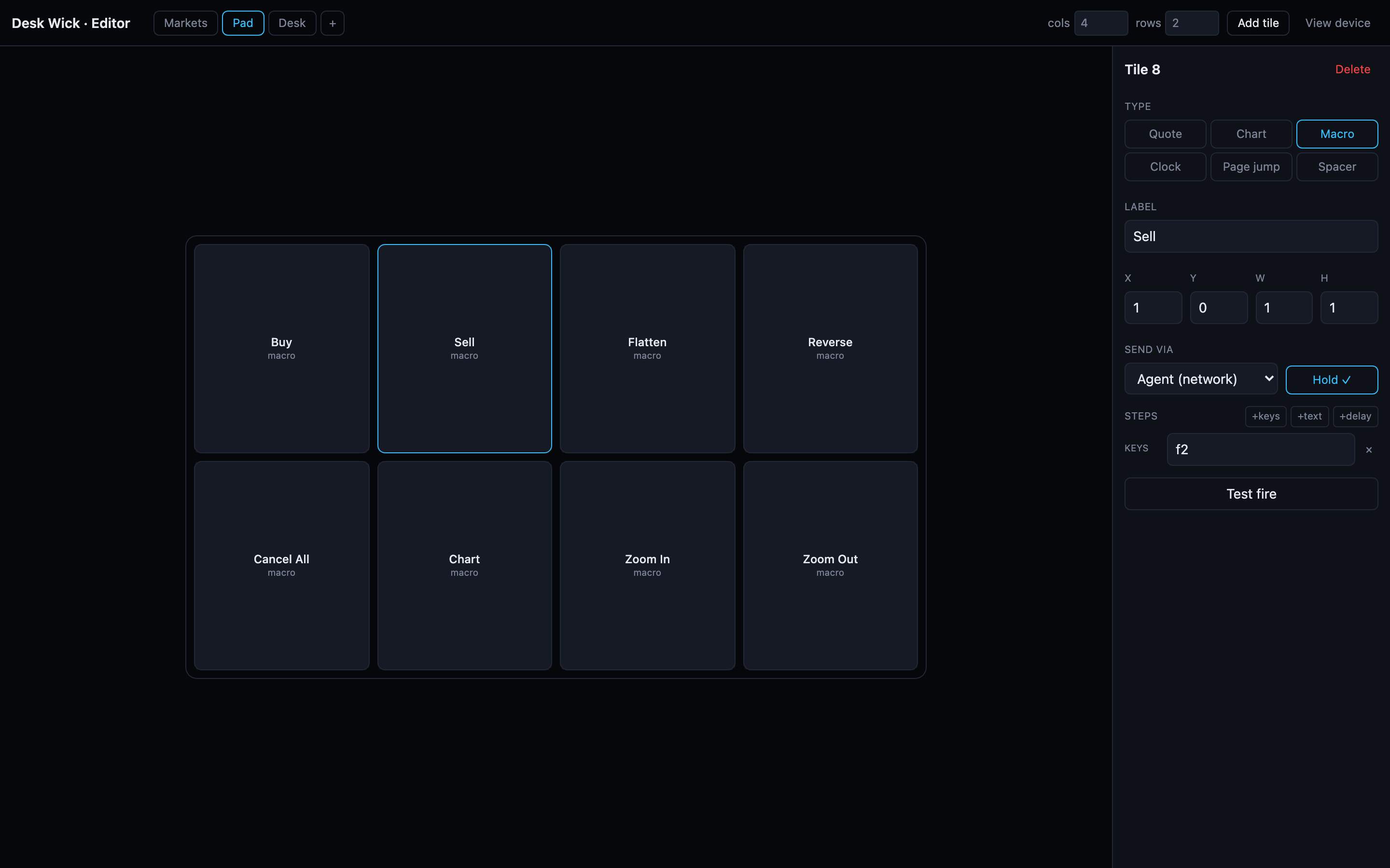 Drag and drop layout editor with a macro tile selected